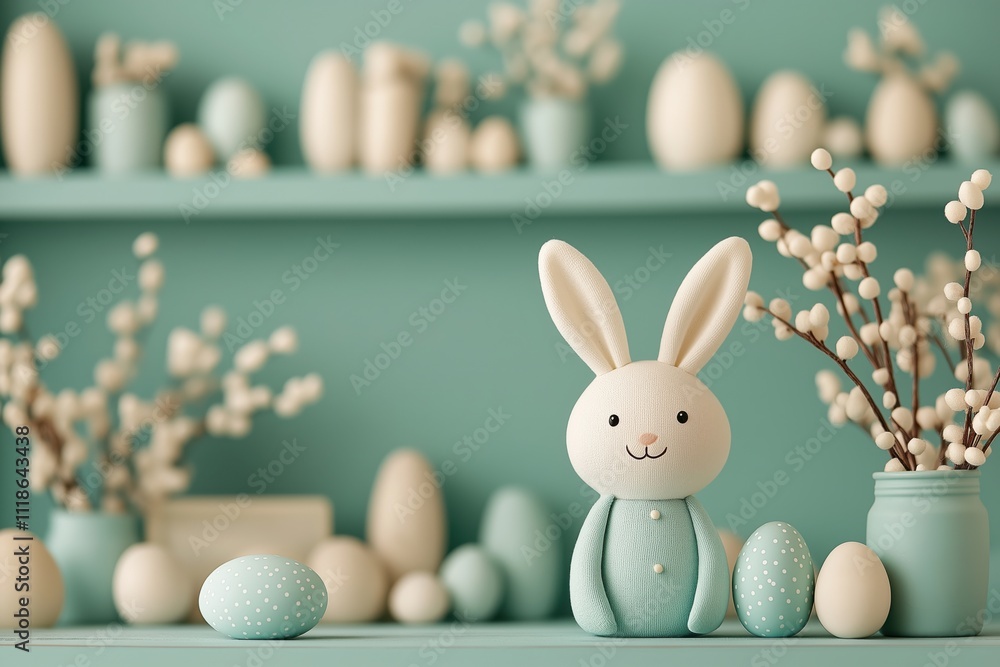 Easter window display mockup with decorative bunny and eggs Easter window display mockup with decorative bunny and eggs