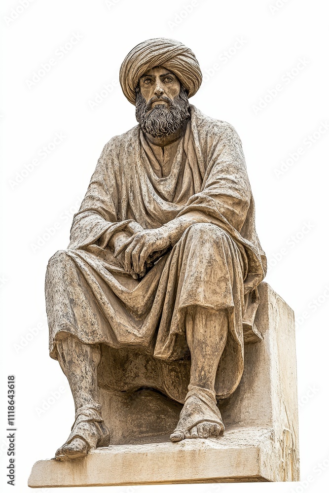 Seated stone figure, headdress, robe, contemplative pose. Seated stone figure, headdress, robe, contemplative pose.