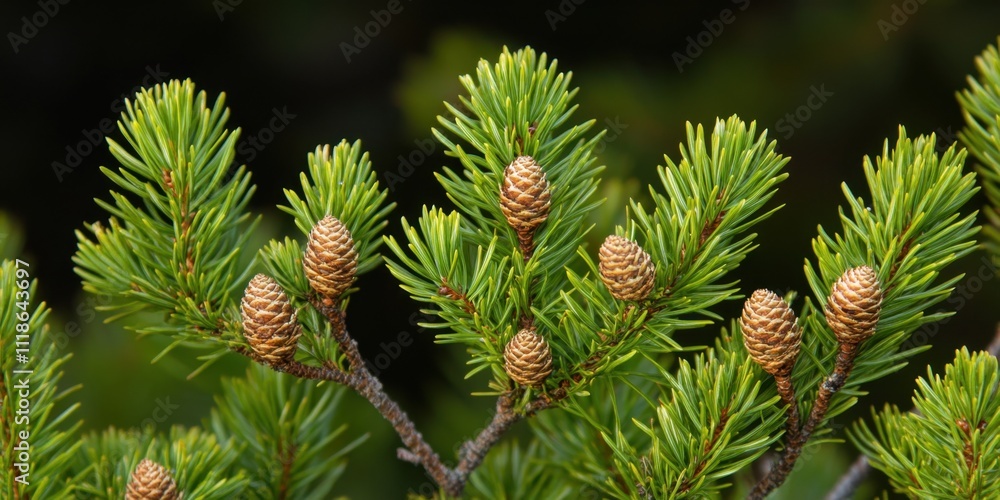 Fototapeta premium Close-up of green pine branches and cones
