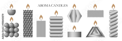Set of stylish candles for home comfort and interior decor. Scented candles in silver color 