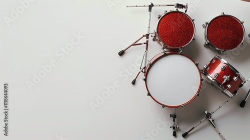 Minimalistic music backdrop, bright red drum set arranged on white background, musical instrument with blank space for text, entertainment, vibrant percussion concept

