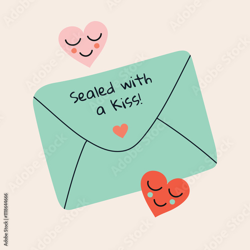 Simple, minimalistic Valentines Day card with envelope. Vector illustration in flat style, hand drawn doodle.