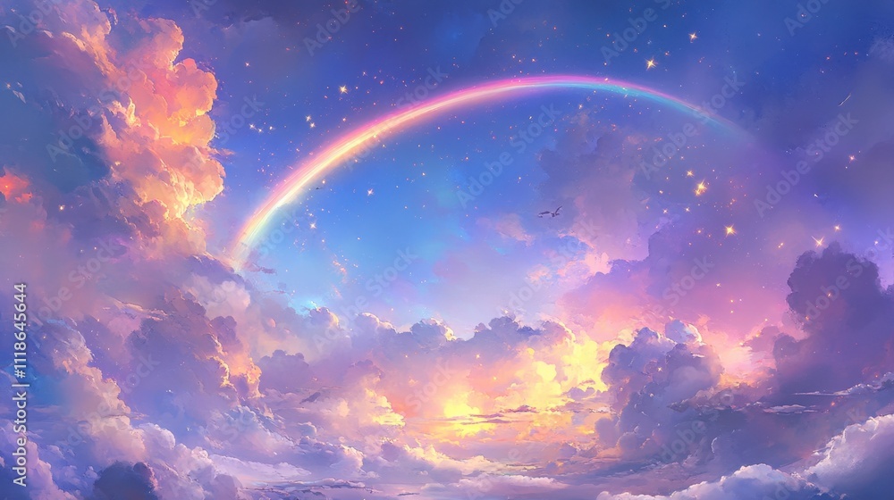 Dreamy sky with pastel clouds and rainbow Dreamy sky with pastel clouds and rainbow