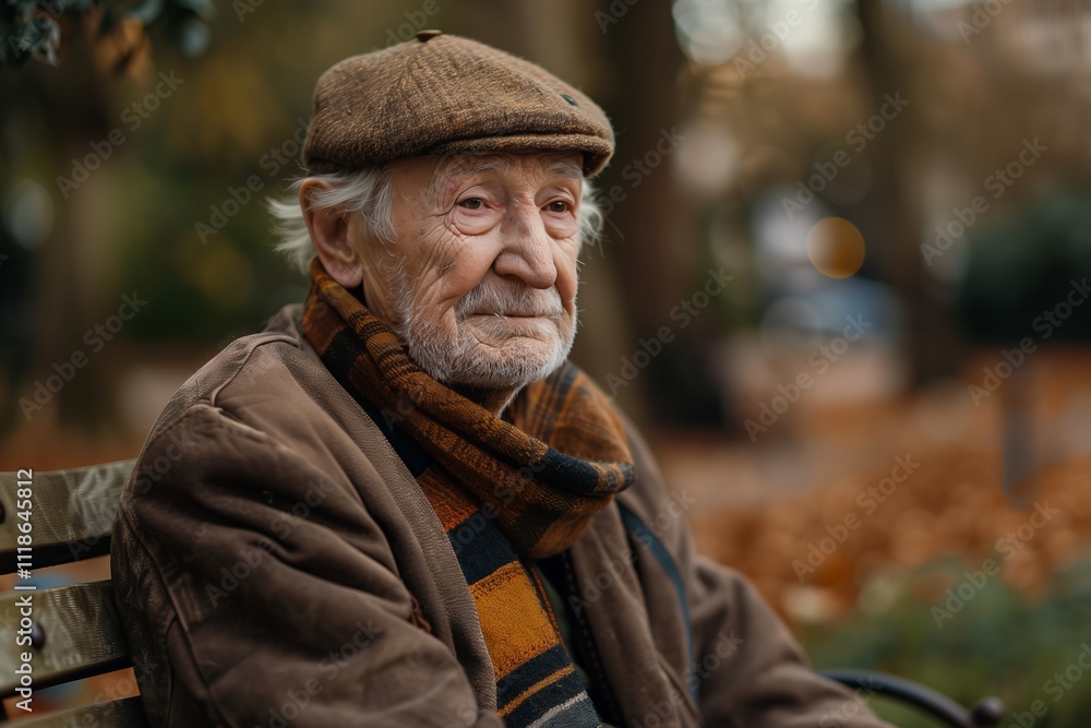 A thoughtful elderly man sitting on a park bench surrounded by autumn leaves. A thoughtful elderly man sitting on a park bench surrounded by autumn leaves.