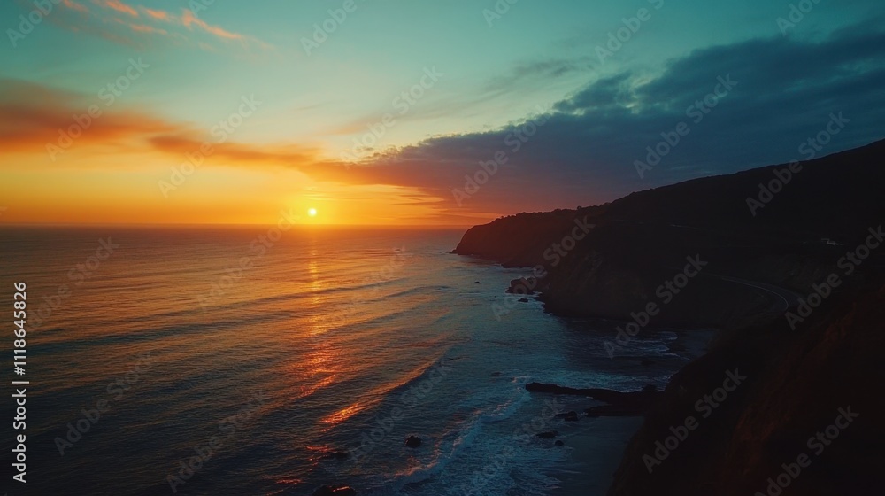 Obraz premium Drone capturing ocean sunset over cliffs