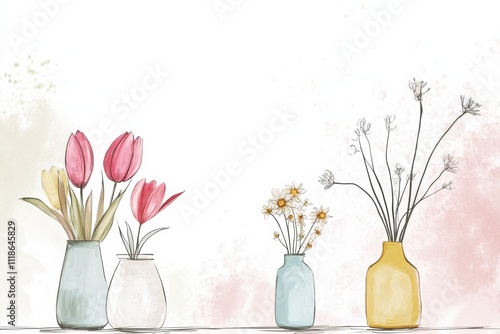 Delightful doodle featuring vases filled with colorful spring flowers, ideal for creative projects that need a touch of nature. Generative AI photo