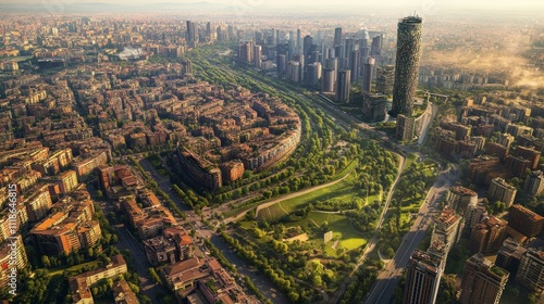 Aerial view of Milan's Porta Nuova district showcases the architectural landmarks of the Unicredit tower, UnipolSai tower, Bosco Verticale, and BAM public park. (Milan, Italy. June 29, 2024) photo