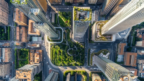 Aerial view of Milan's Porta Nuova district showcases the architectural landmarks of the Unicredit tower, UnipolSai tower, Bosco Verticale, and BAM public park. (Milan, Italy. June 29, 2024) photo