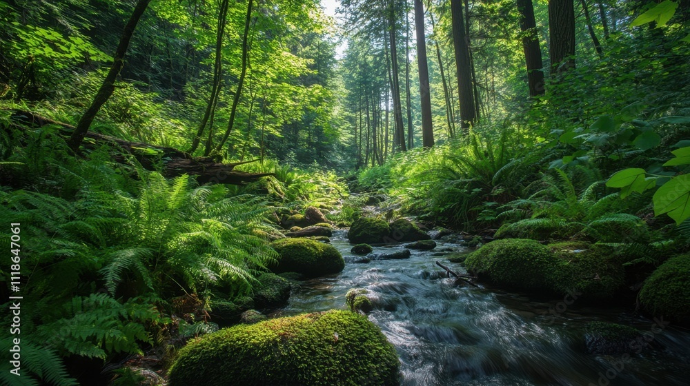 Obraz premium Enchanting forest stream with dappled sunlight