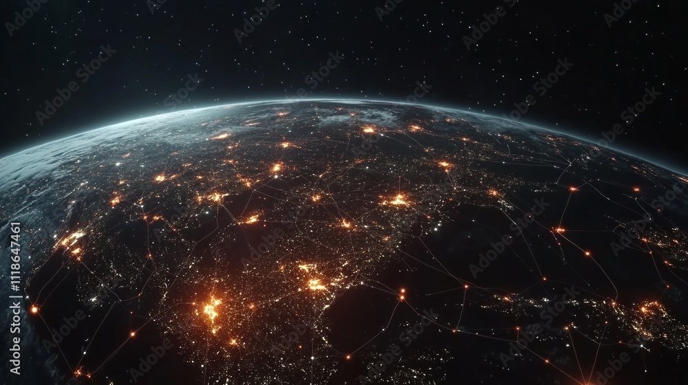 Obraz premium Night Earth, global network connections shown as glowing lines between city lights.