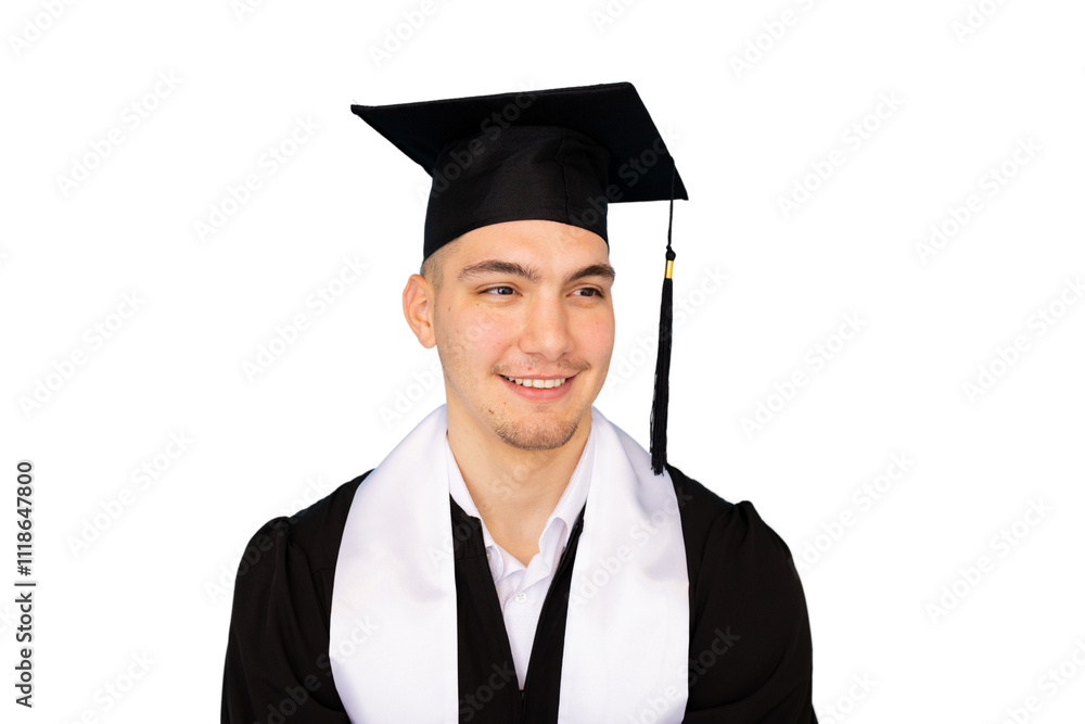 Young male student in graduation gown smiling Young male student in graduation gown smiling