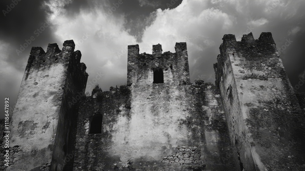 Fototapeta premium An ancient fortress stands tall, its weathered walls shrouded in mystery. Shadows dance within its hollow halls, echoing with the whispers of forgotten times.