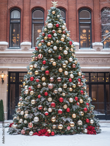 Weihnachtsbaum dekoriert vor historischer Fassade im Schnee

 photo