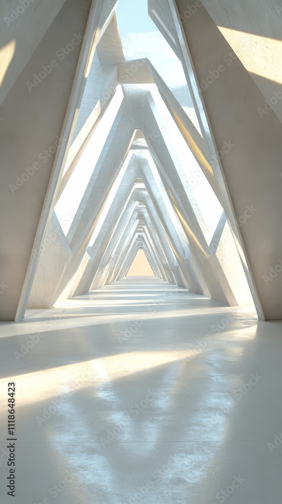 Abstract Architectural Corridor: Light streams through a futuristic, triangular structure, creating a mesmerizing perspective and sense of depth. Abstract Architectural Corridor: Light streams through a futuristic, triangular structure, creating a mesmerizing perspective and sense of depth.