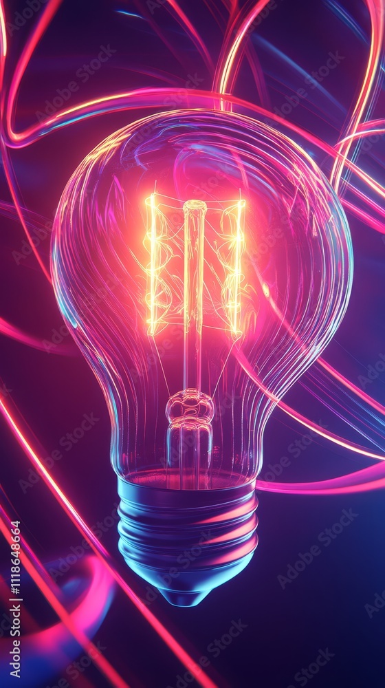 Neon Lightbulb: A radiant lightbulb glows with warm orange light, surrounded by vibrant pink and blue neon lines, creating a captivating abstract scene. Neon Lightbulb: A radiant lightbulb glows with warm orange light, surrounded by vibrant pink and blue neon lines, creating a captivating abstract scene.