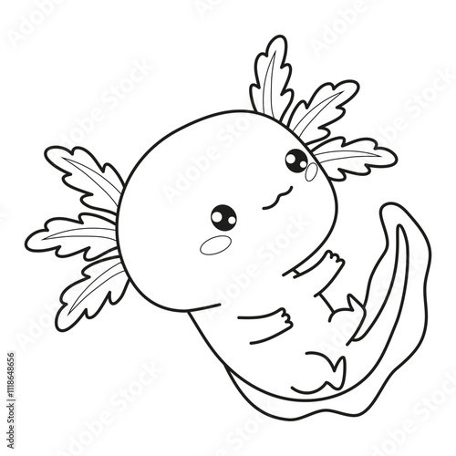 Outline cute Axolotl. Little cartoon character. Line drawing, coloring book. Vector illustration. Kids collection.