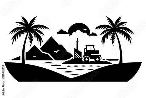 Beach landscape constructor. Sandy beaches, tropical palms, mountains and hills.