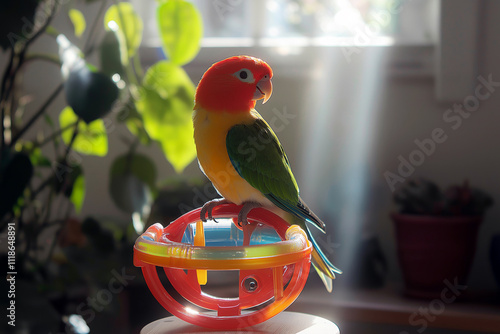A small parrot perched on a vibrant plastic bird toy in a sunlit room.