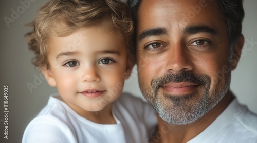 Father and son share a joyful moment together in a cozy indoor setting with soft lighting, capturing the bond between them with smiles and a warm connection photo