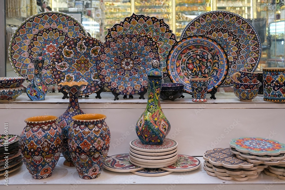Traditional Arabic ceramic pottery at bazaar Grand Souq in Deira, Dubai, UAE
