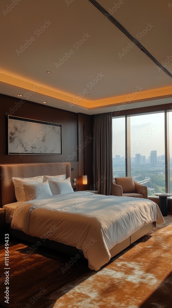 Luxurious Hotel Suite with City View: A spacious and inviting hotel suite with a king-size bed, plush bedding, a modern design, and stunning city views. Luxurious Hotel Suite with City View: A spacious and inviting hotel suite with a king-size bed, plush bedding, a modern design, and stunning city views.