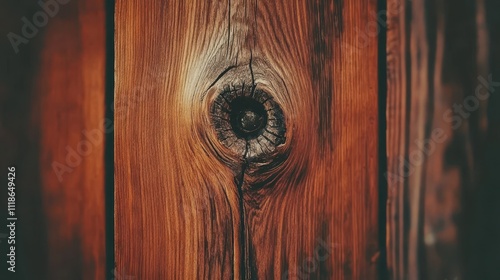 Close-up of a wood knot on a weathered wooden plank.