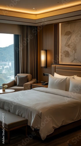 Luxurious Hotel Suite with Mountain View: A spacious and inviting hotel suite with a king-size bed, plush furniture, and a breathtaking mountain view through the large windows.