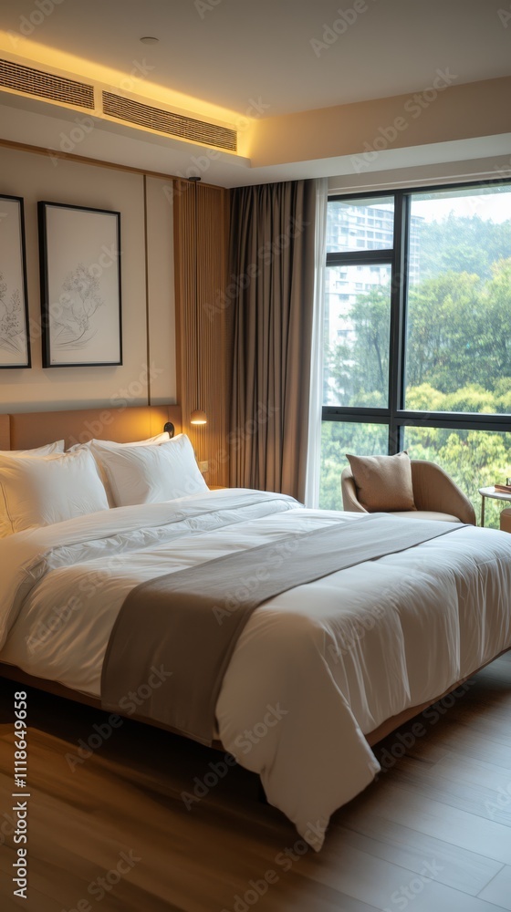 Serene Bedroom Haven: Wake up to tranquility in this modern bedroom, featuring a plush king-size bed, large windows overlooking lush greenery, and warm, natural wood accents. Serene Bedroom Haven: Wake up to tranquility in this modern bedroom, featuring a plush king-size bed, large windows overlooking lush greenery, and warm, natural wood accents.