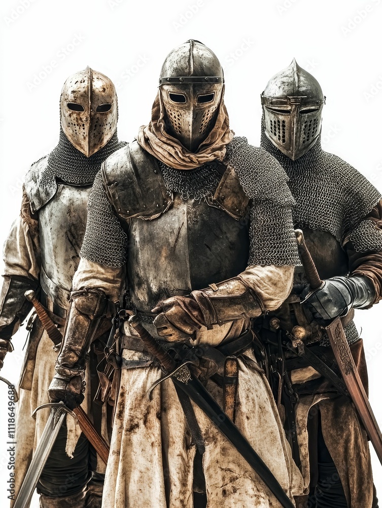 Three armored knights, swords drawn, stand ready. Three armored knights, swords drawn, stand ready.