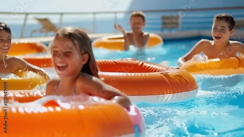 Happy children having fun with inflatable rings in swimming pool on cruise ship