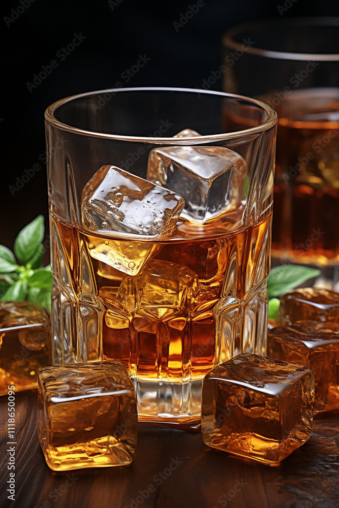 Square glass, filled with whiskey and ice cubes Square glass, filled with whiskey and ice cubes
