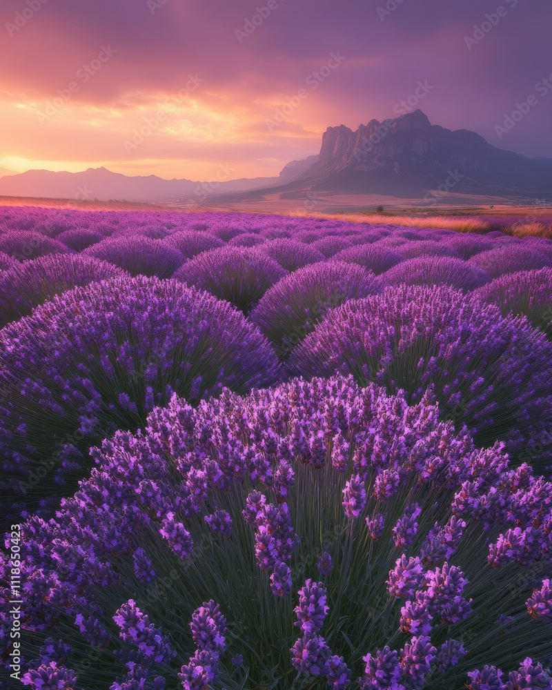Fototapeta premium Vibrant Purple Lavender Fields Under Dramatic Sunset Sky with Majestic Mountains in the Background, Offering a Serene and Tranquil Natural Landscape