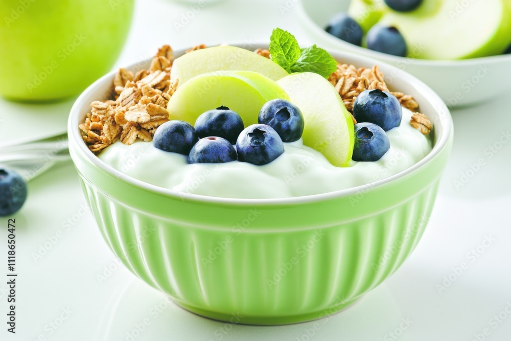 Healthy breakfast bowl with yogurt, apple slices, blueberries, and granola on a bright kitchen counter in natural light Healthy breakfast bowl with yogurt, apple slices, blueberries, and granola on a bright kitchen counter in natural light