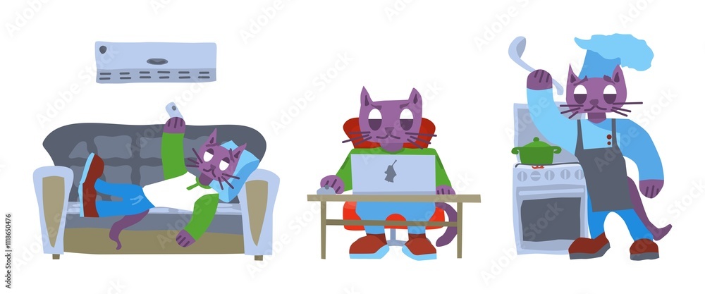 purple cats on the couch and in the kitchen at the purple cats on the couch and in the kitchen at the