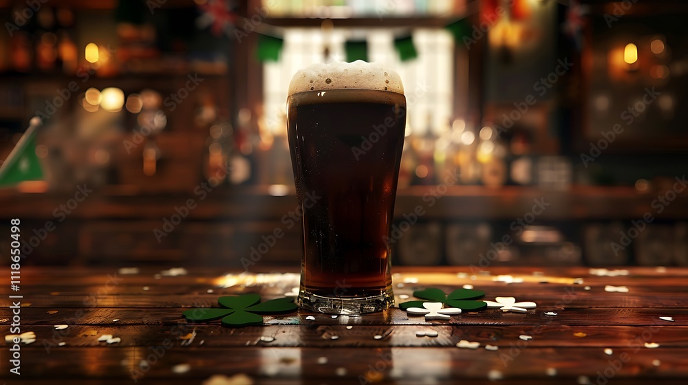 A pint of dark Irish stout beer, with a creamy foam top, surrounded by shamrocks and small Irish flags on a wooden pub table A pint of dark Irish stout beer, with a creamy foam top, surrounded by shamrocks and small Irish flags on a wooden pub table
