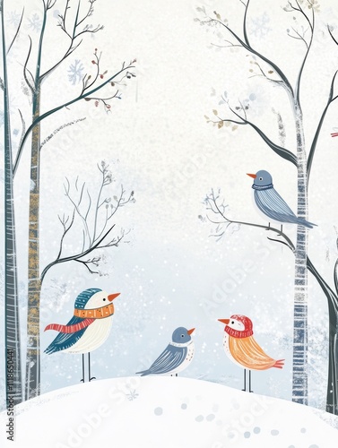 Snow-dusted trees provide a whimsical backdrop for cheerful birds wearing colorful scarves, creating a delightful winter atmosphere. Generative AI photo