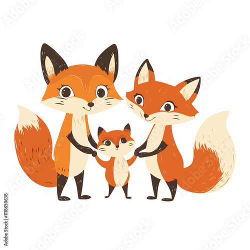 Fox Family Holding Hands Vector Illustration