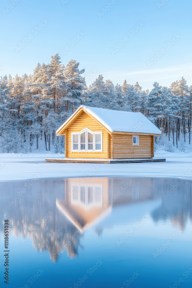 Cozy wooden cabin in winter landscape with snow-covered trees reflecting in tranquil lake under clear blue sky Cozy wooden cabin in winter landscape with snow-covered trees reflecting in tranquil lake under clear blue sky