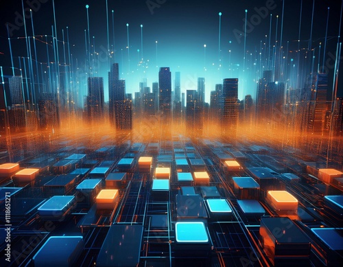 a computer generated image of a cityscape with blue and orange squares the squares are connected to each other and appear to be floating in the air the image has a futuristic