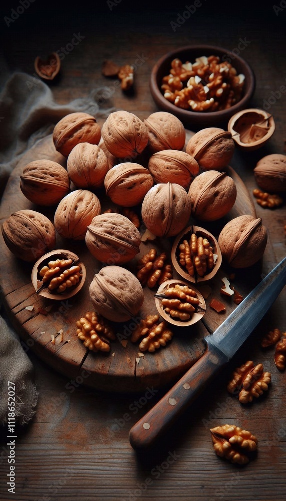 Fresh Walnuts on a Wooden Cutting Board Fresh Walnuts on a Wooden Cutting Board