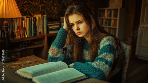 Young woman engrossed in reading, looking thoughtful and pensive, seated at a wooden desk in a warm-toned room filled with bookshelves. photo