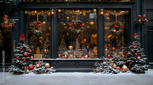 A festive Christmas storefront window with ornaments and twinkling lights