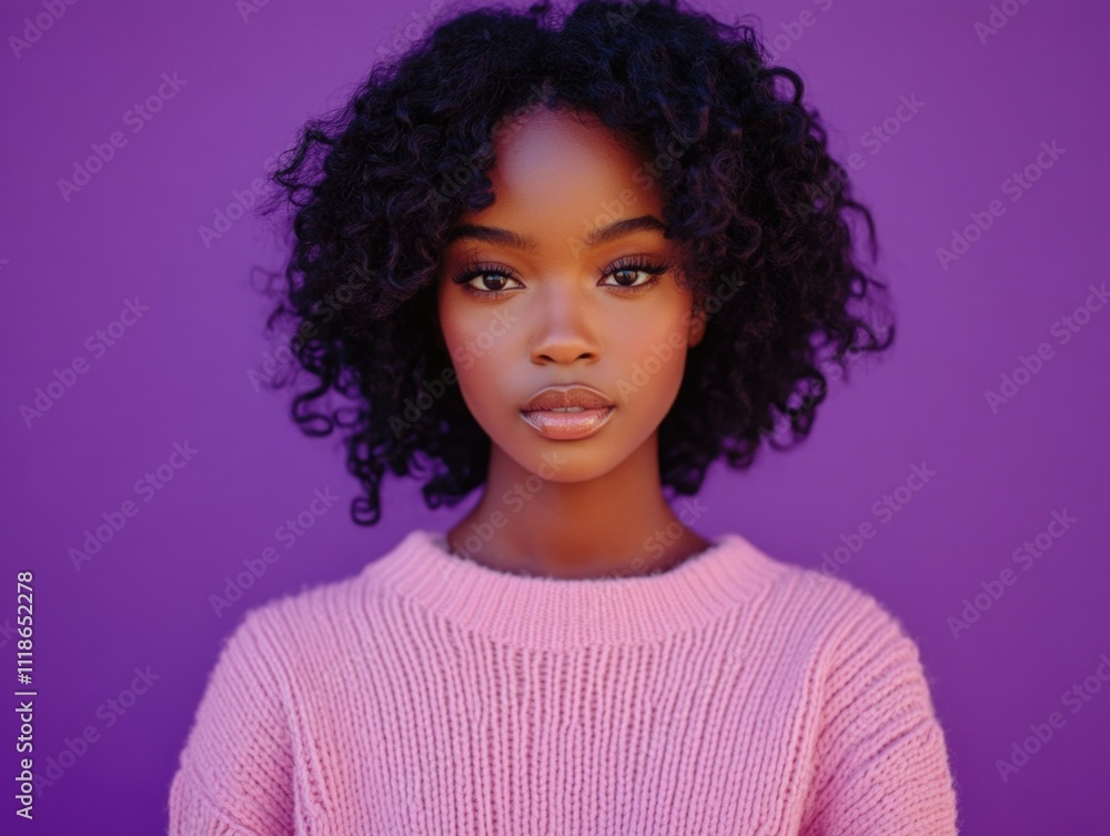 Stylish Portrait of a Woman with Curly Hair and a Pink Sweater Stylish Portrait of a Woman with Curly Hair and a Pink Sweater