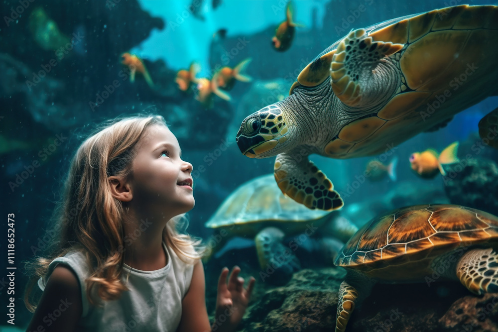Happy little girl looks at sea turtle in large blue aquarium, child watches underwater life, concept of ocean, kid, people, zoo