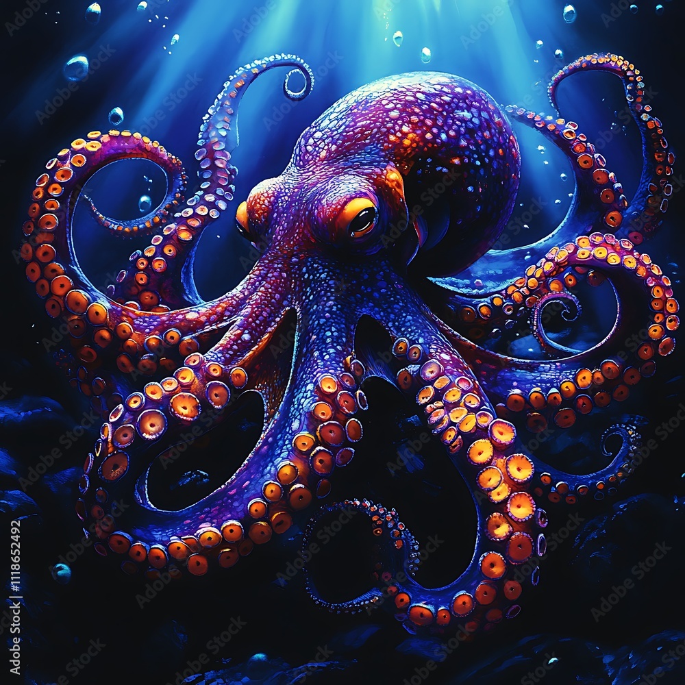 Obraz premium Serene ocean scene features majestic octopus gliding through bright blue water images