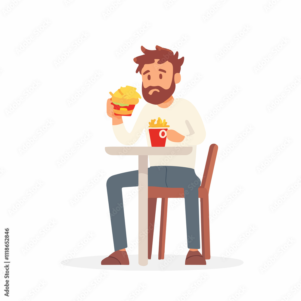 Stress Reduction: Sad Man Eating Fast Food Vector Illustration Stress Reduction: Sad Man Eating Fast Food Vector Illustration
