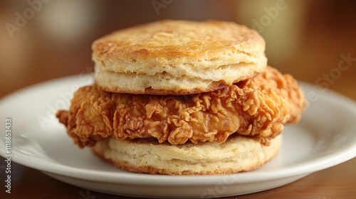 A delicious fried chicken sandwich served between two fluffy biscuits on a plate.