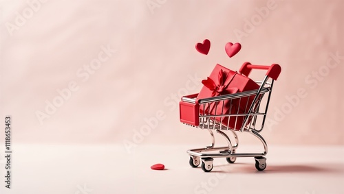 A mini shopping cart holds a beautifully wrapped red gift box with a bow. Two floating hearts add a romantic touch, set against a soft pink background, symbolizing love and celebration. photo