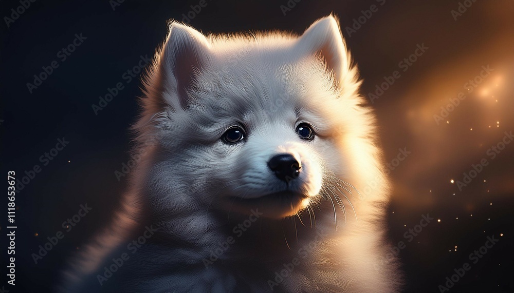 Fototapeta premium dog portrait american eskimo puppy dramatic light ai illustration