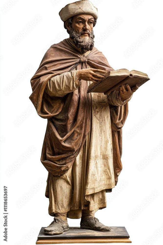 Fototapeta premium Wooden statue; scholar; book; robe; headwear.